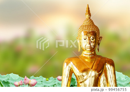 Makha Asanaha Visakha Bucha Day Golden Buddha image. Background of Bodhi leaves with shining light. Soft image and smooth focus style Makha Asanaha Visakha Bucha Day Golden Buddha image. Background of Bodhi leaves with shining light. Soft image and smooth focus style 99456755