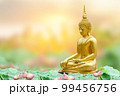Makha Asanaha Visakha Bucha Day Golden Buddha image. Background of Bodhi leaves with shining light. Soft image and smooth focus style 99456756