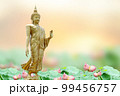 Makha Asanaha Visakha Bucha Day Golden Buddha image. Background of Bodhi leaves with shining light. Soft image and smooth focus style 99456757