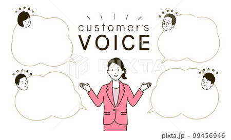 お客様の声のデザイン、笑顔のビジネスウーマンと丸いふきだしのイラスト、ベクター 99456946