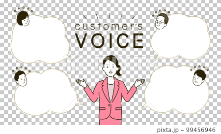 Customer testimonials design, illustration of smiling business woman and round speech bubble, vector Customer testimonials design, illustration of smiling business woman and round speech bubble, vector 99456946