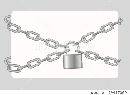 Padlock and chain. Gray metal chain and padlock, handcuffed card, vector 99457069