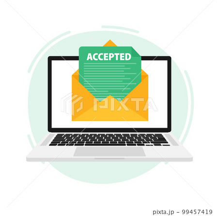 Letter with text accepted on laptop screen. Email with accepted header. Confirmation email message. 99457419