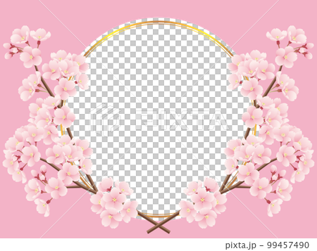 Illustration of a round frame with crossed cherry blossom branches and golden lines (pink) Illustration of a round frame with crossed cherry blossom branches and golden lines (pink) 99457490