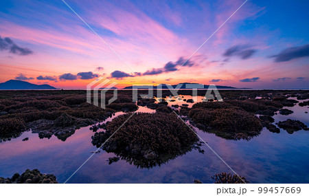 Beautiful sunset or sunrise seascape amazing cloud at sunrise light above the coral reef in Rawai sea Phuket Severe low tide corals growing in the shallows,Staghorn coral reef Beautiful sunset or sunrise seascape amazing cloud at sunrise light above the coral reef in Rawai sea Phuket Severe low tide corals growing in the shallows,Staghorn coral reef 99457669