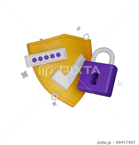 3D shield secure icon, authentication lock password render concept, secret personal data protection 99457907