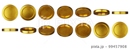 3D golden flying coin set, realistic game UI casino money icon, render animation metal medal side. 3D golden flying coin set, realistic game UI casino money icon, render animation metal medal side. 99457908