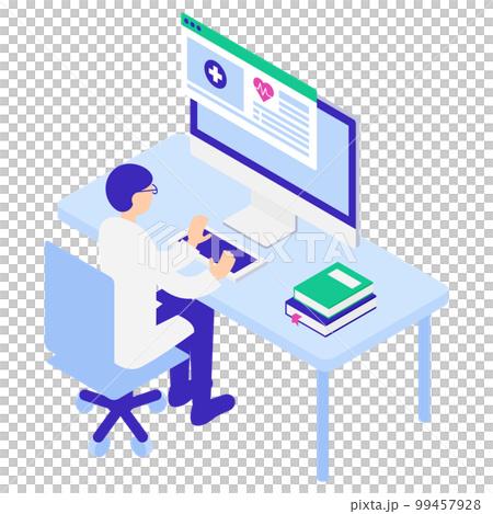 Isometric illustration of a male doctor using an electronic medical record 99457928