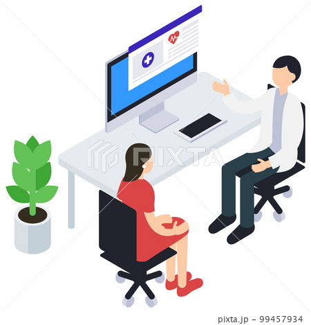 診察・説明をする男性医師と患者のアイソメトリックイラスト 診察・説明をする男性医師と患者のアイソメトリックイラスト 99457934