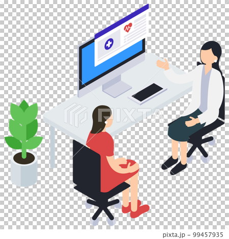 Isometric illustration of a female doctor and a patient who examines and explains 99457935