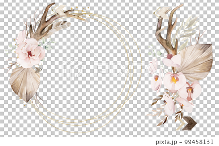 Golden frame and bouquet with Watercolor deer antlers, tropical leaves and flowers illustration Golden frame and bouquet with Watercolor deer antlers, tropical leaves and flowers illustration 99458131