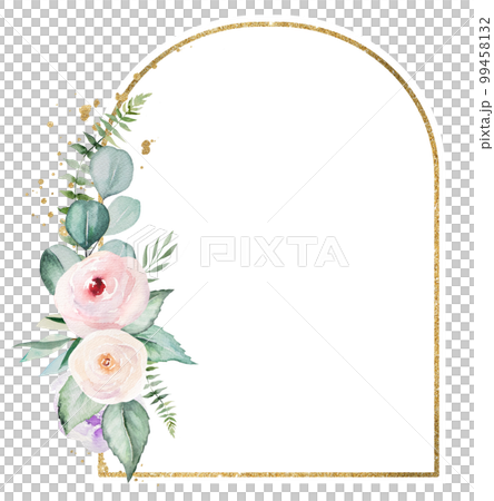Golden Frame with pink watercolor flowers and light green leaves, wedding illustration Golden Frame with pink watercolor flowers and light green leaves, wedding illustration 99458132