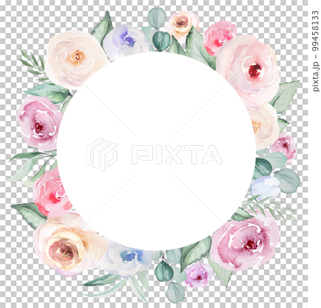 Round frame made of romantic pink watercolor flowers and light green leaves, pastel wedding element Round frame made of romantic pink watercolor flowers and light green leaves, pastel wedding element 99458133
