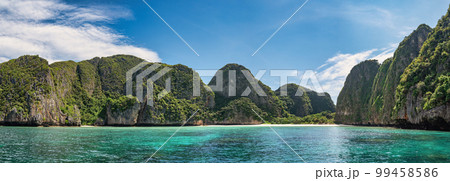 Tropical islands view with ocean blue sea water and white sand beach at Maya Bay of Phi Phi Islands, Krabi Thailand nature landscape panorama 99458586