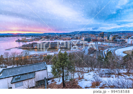 Oslo Norway, sunset city skyline at business district and Barcode Project 99458588