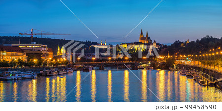 Prague Czechia Czech Republic, panorama city skyline night at Vltava River and Prague Castle 99458590