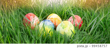 Easter banner. Colored eggs in green grass. Easter concept. Copy space Easter banner. Colored eggs in green grass. Easter concept. Copy space 99458757
