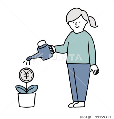 お金を育てる女性のイラスト素材　ブルー 99459314
