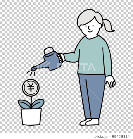 お金を育てる女性のイラスト素材　ブルー 99459314