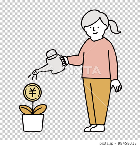 お金を育てる女性のイラスト素材　イエロー 99459318