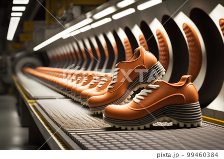 Machines and equipment of the shoe factory, modern footwear production. Neural network AI generated art 99460384