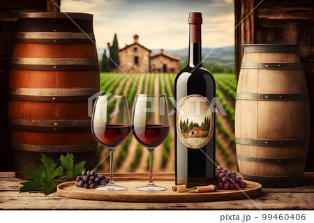 Red wine tasting in the wine cellar, wineglass and bottles next to the window. Neural network AI generated art 99460406