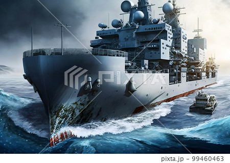 Navy aircraft carrier in wavy sea water. Neural network AI generated art 99460463