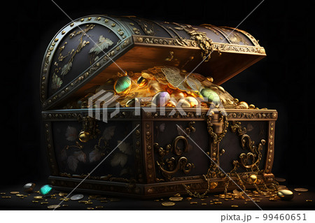 Open treasure chest filled with gold coins and expensive pirates loot on black background. Neural network AI generated art Open treasure chest filled with gold coins and expensive pirates loot on black background. Neural network AI generated art 99460651