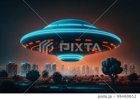 UFO object with glowing lights flying to city center on a rainy day. Neural network AI generated art 99460652