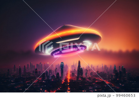 UFO object with glowing lights flying to city center on a rainy day. Neural network AI generated art UFO object with glowing lights flying to city center on a rainy day. Neural network AI generated art 99460653