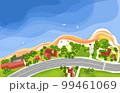 Coastline with road and houses on a bright summer day from top. Vector illustration 99461069