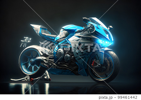 Futuristic custom angled light motorcycle concept with glowing blue tones. Neural network AI generated art Futuristic custom angled light motorcycle concept with glowing blue tones. Neural network AI generated art 99461442