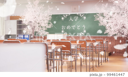 イラスト素材: 入学式に黒板にチョークメッセージ。桜吹雪。 99461447