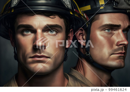 Portrait of firefighters dirty faces in special helmets and firefighters uniforms. Neural network AI generated art Portrait of firefighters dirty faces in special helmets and firefighters uniforms. Neural network AI generated art 99461624