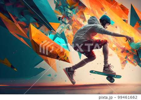 Abstract extreme sports lover performs leap into infinity with fictional skateboard or snowboard. Neural network AI generated art Abstract extreme sports lover performs leap into infinity with fictional skateboard or snowboard. Neural network AI generated art 99461662