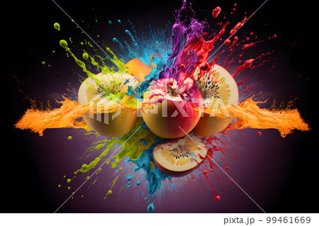 Colorful water splashing on apples as art performance moment catching. Neural network AI generated art 99461669
