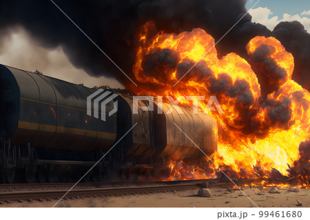 Burning train car on fire accident on train yard. Neural network AI generated art Burning train car on fire accident on train yard. Neural network AI generated art 99461680
