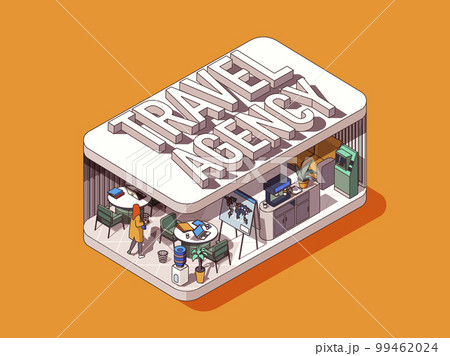 Travel agency concept in 3d isometric graphic design. Office for work of traveling operators booking tickets and flights. Vector illustration with people in isometric room interior for web banner Travel agency concept in 3d isometric graphic design. Office for work of traveling operators booking tickets and flights. Vector illustration with people in isometric room interior for web banner 99462024