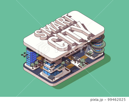 Smart city concept in 3d isometric graphic design. Abstract future city with skyscrapers, modern infrastructure and service. Vector illustration with people in isometric room interior for web banner 99462025