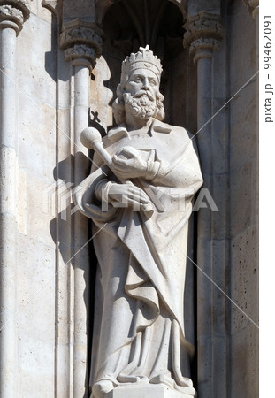 Statue of Saint from portal of the church of St. Matthew near the fisherman bastion in Budapest, Hungary Statue of Saint from portal of the church of St. Matthew near the fisherman bastion in Budapest, Hungary 99462091