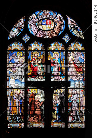 Stained glass window in Saint Eustache church in Paris, France Stained glass window in Saint Eustache church in Paris, France 99462144