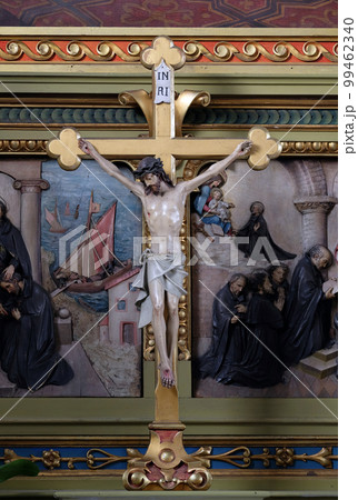 Cross on the altar in the Basilica of the Sacred Heart of Jesus in Zagreb, Croatia Cross on the altar in the Basilica of the Sacred Heart of Jesus in Zagreb, Croatia 99462340