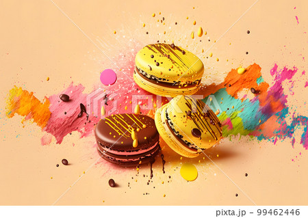 Colorful macarons with bright sugar powder explosion moment on orange background. Neural network AI generated art Colorful macarons with bright sugar powder explosion moment on orange background. Neural network AI generated art 99462446
