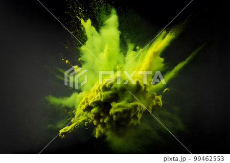 Explosion of green and yellow color paint powder on black background. Neural network AI generated art 99462553