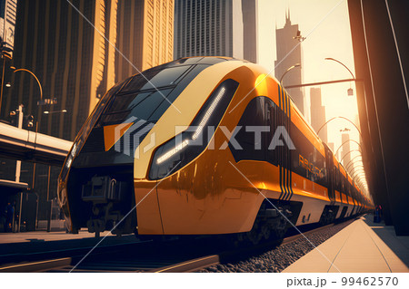 Modern futuristic passenger train in city center. Neural network AI generated art Modern futuristic passenger train in city center. Neural network AI generated art 99462570