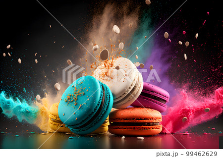 Colorful macarons with bright sugar powder explosion moment on black background. Neural network AI generated art Colorful macarons with bright sugar powder explosion moment on black background. Neural network AI generated art 99462629