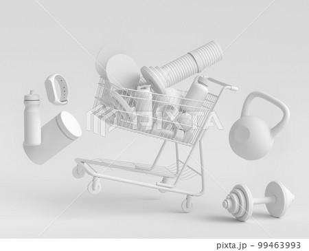 Sport equipment for fitness, gym in shopping cart on monochrome background 99463993