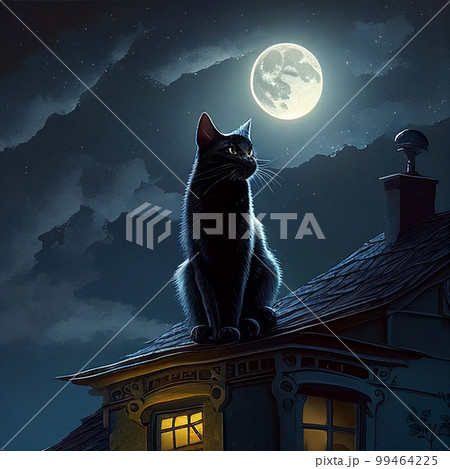 A black cat sits on the roof at night against...のイラスト素材 [99464225] - PIXTA