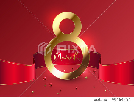 Elegant 8 March banner with gold 3d number 8 and red ribbon on red background. March gold line luxury text, red golden beads. Women's day vector stylish design illustration 99464254