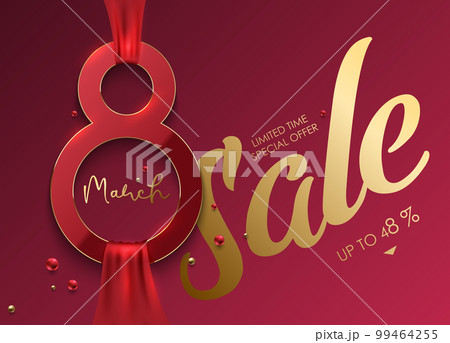 Elegant 8 March sale banner with red 3d number 8 and red ribbon on pink magenta background. Sale limited time special offer gold luxury text, bead. Women's day sale vector stylish design illustration Elegant 8 March sale banner with red 3d number 8 and red ribbon on pink magenta background. Sale limited time special offer gold luxury text, bead. Women's day sale vector stylish design illustration 99464255